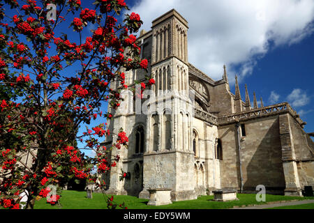 Un albero con bacche rosse con una pietra medievale Abbazia in background.. Foto Stock