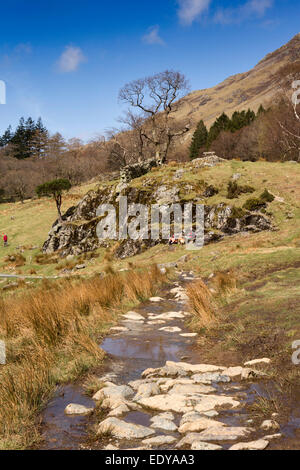 Regno Unito, Cumbria, Lake District, Buttermere, anziani walkers picknickng a bon rocce accanto alla rupe di legno Foto Stock