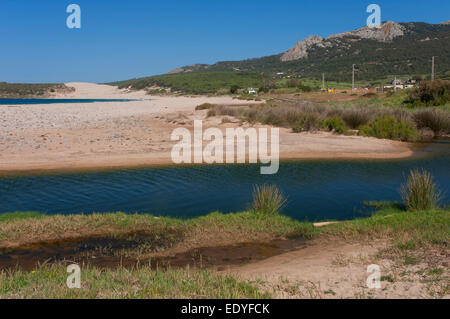 Bolonia beach e la Sierra de la Plata, Tarifa, Cadice provincia, regione dell'Andalusia, Spagna, Europa Foto Stock