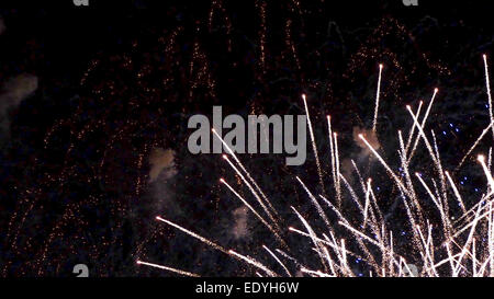 Buntes Feuerwerk am Nachthimmel, colorati fuochi d'artificio nel cielo notturno, fuochi d'artificio, pirotecnica, petardi, colorato, colorato Foto Stock