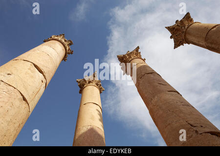 Colonne, il Tempio di Artemide, costruito nel II secolo d.c. , antica città romana di Jerash, parte della Decapoli, Jerash Foto Stock