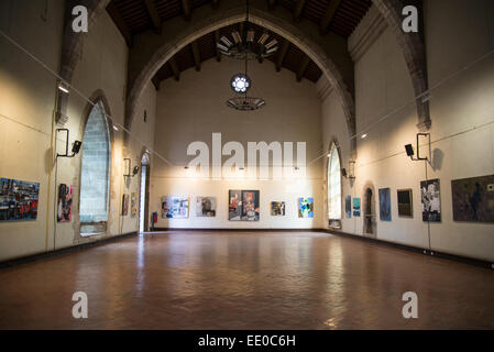 Palazzo dei Re di Maiorca, grande hall con salone di autunno mostra d'arte, Perpignan, Pyrenees-Orientales, Francia Foto Stock