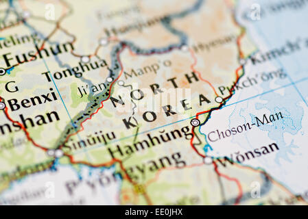 Close up di atlas mappa della Corea del Nord Foto Stock