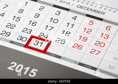 Pagina del calendario con marcata 31 di Dicembre 2015 Foto Stock