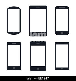 Varietà della moderna icona nera silhouette impostare smartphone mobile tablet pc con schermo vuoto isolato su sfondo bianco. Illustrazione vettoriale EPS 10. Foto Stock