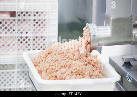 La carne di maiale macinate proviene da un tritacarne Foto Stock