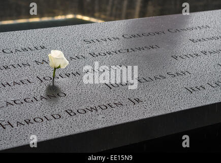 World Trade Center Memorial nomi con rosa bianca. In un giorno di pioggia, una singola rosa bianca decora il nome Michael Joseph Mullin Foto Stock