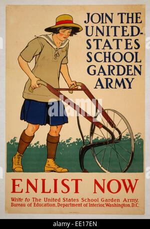 Unire gli Stati Uniti school garden esercito - Arruolati subito. Poster che mostra una ragazza di aratura. Stati Uniti d'America Home Front, guerra mondiale I, 1918 Foto Stock