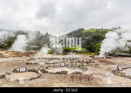 Valle di Furnas, un sito di gorgogliamento di sorgenti calde e fumarole sul capitale delle Azzorre Isola di Sao Miguel, Azzorre, Portogallo Foto Stock