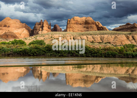 Rocce di arenaria che riflette nel fiume Colorado, il Parco Nazionale di Canyonlands, Utah, Stati Uniti d'America, America del Nord Foto Stock