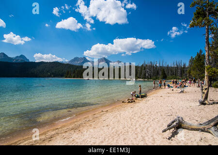 Spiaggia di sabbia sul Lago di scorfano di Norvegia in una vallata a nord di Sun Valley, Sawtooth National Forest, Idaho, Stati Uniti d'America Foto Stock