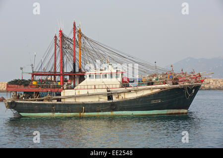 Flotta di pesca commerciale Laid-Up barche su Cheung Chau Isola, Hong Kong. Foto Stock