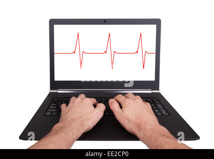 Uomo al lavoro su laptop, battito cardiaco, isolato Foto Stock