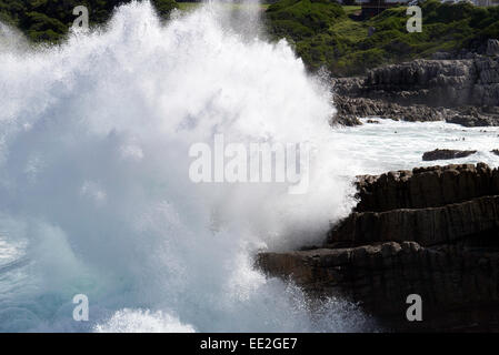 Onde che si infrangono sugli scogli a Hermanus, Western Cape, Sud Africa. Hermanus è famosa per il whale watching. Foto Stock