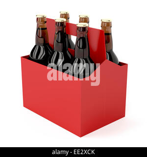 Six Pack di birra scura bottiglie su sfondo bianco Foto Stock