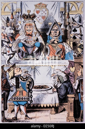 Il re e la Regina di cuori con la versione di prova di Knave di cuori, Alice's Adventure in Wonderland da Lewis Carroll, Hand-Colored illustrazione, circa 1865 Foto Stock