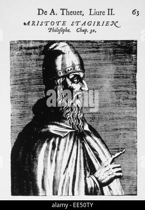 Aristotele (384-322 a.C.), filosofo greco, Xilografia da 'Les Vrais Pourtraits et vies des Hommes Illustres', Andre Thevet, 1584 Foto Stock