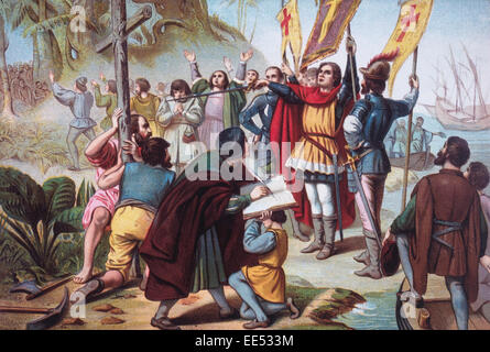 Christopher Columbus prendendo possesso del Nuovo Mondo (San Salvador) circa 1492, Chomolithograph, 1892 Foto Stock