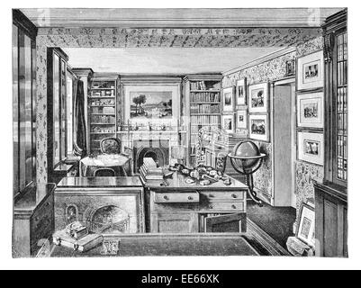 Signor John Ruskin ufficio di studio room Biblioteca Home Brantwood Coniston Lancashire Inghilterra libri libri Victorian critico d'arte studio Foto Stock