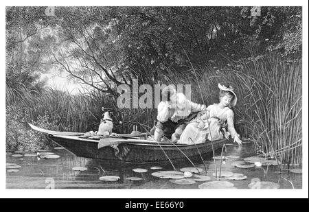 Punt lily pond romantico romanticismo giovane uomo moglie marito cane data dating corteggiare donna grazia grazioso bellezza costume Foto Stock