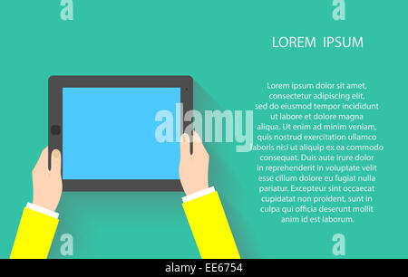 Mani tenendo premuto il touch screen tablet pc con blanc schermata blu. Illustrazione vettoriale EPS10 Foto Stock