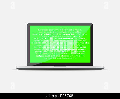 Laptop realistici sull'icona del computer. Il notebook che rappresenta il testo su schermo verde. Illustrazione vettoriale EPS10. Foto Stock