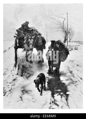 Avversità Fred hall famiglia contadina povera in movimento di viaggio home casa i bambini figlio figlia madre padre neve invernale freddo cane Foto Stock