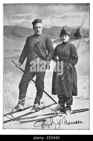 Fridtjof Nansen e Fru Nansen su sci sci esploratore norvegese scienziato umanitario diplomat Premio Nobel per la pace Foto Stock