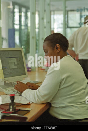 Dipendente al computer dietro un contatore nel locale consiglio vantaggi office, REGNO UNITO Foto Stock