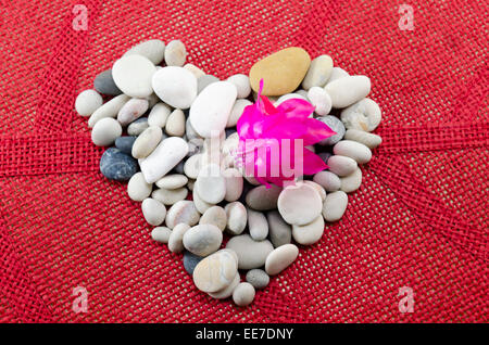 Cuore di ciottoli decorati con un bel fiore rosa sulla tovaglia rossa Foto Stock