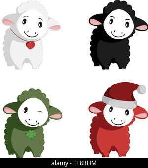 Felice mascotte di pecora illustrazioni (bianco innocenti, smart nero, Lucky green e santa rossa). Foto Stock