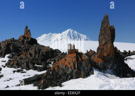 Coperta di neve il Monte Guglielmo visto dal Torgersen isola vicino alla penisola antartica. La colorazione rossastra sulle rocce è il lichen. Foto Stock