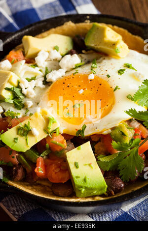 In casa Heuvos Rancheros con Avocado e coriandolo Foto Stock