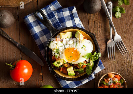 In casa Heuvos Rancheros con Avocado e coriandolo Foto Stock