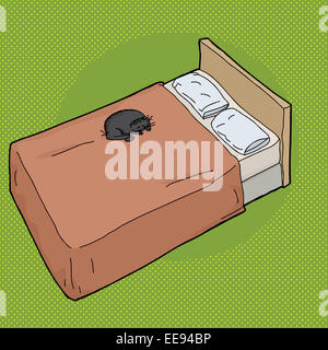 Cartoon di pelo di gatto nero sul letto con cuscini Foto Stock