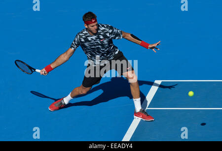 15.01.15 Sydney, Australia. Juan Martin Del Potro (ARG) in azione contro Mikhail Kukushkin (KAZ) durante il loro incontro a Apia International Sydney. Foto Stock