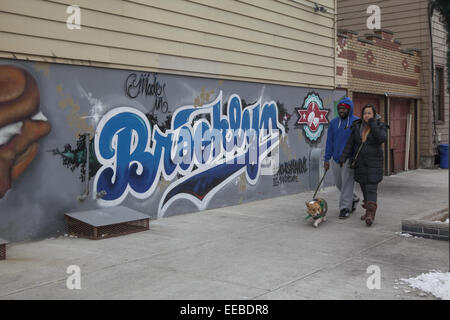 Giovane camminando loro Corgi nella sezione di Williamsburg di Brooklyn, New York. Foto Stock