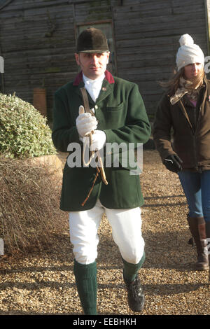 Hill Top Farm, Oakham, Rutland, UK. Il 15 gennaio, 2015. Nella foto di arrivare al soddisfare del Pipewell brachetti tenutosi a Hill Top Farm, Oakham, Rutland, Inghilterra, è Huntsman Stuart Harrison. Credito: Jim Harrison/Alamy Live News Foto Stock