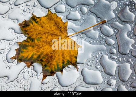 Effetto dell'acqua sulla parte superiore di un tavolo in acciaio inox. Foto Stock