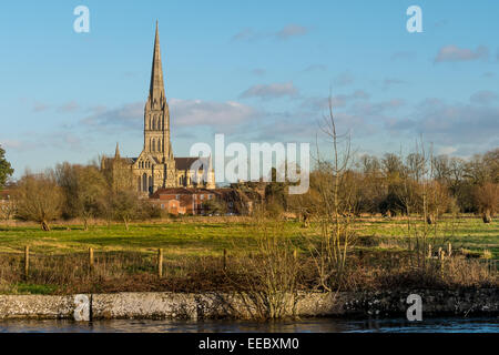 La Cattedrale di Salisbury vista dal percorso di città di Salisbury Foto Stock