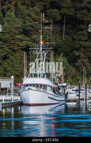 La M/V Tara Dawn, un peschereccio capitanata da Tommy Estes, ormeggiata in Noyo esterno porto vicino alla bocca del fiume Noyo, Fort Foto Stock