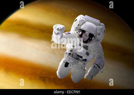Artista del concetto di un astronauta fluttuante nello spazio sopra una grande pianeta alieno. Foto Stock