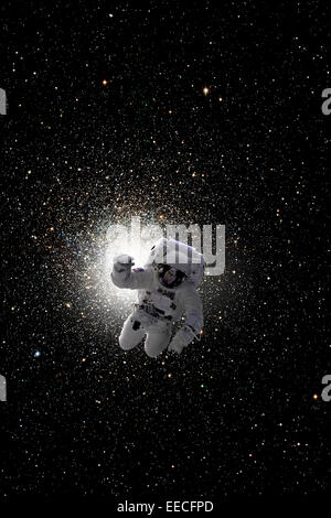 Artista del concetto di un astronauta floating nello spazio profondo. Al centro di un grande cluster Galaxy è in background. Foto Stock