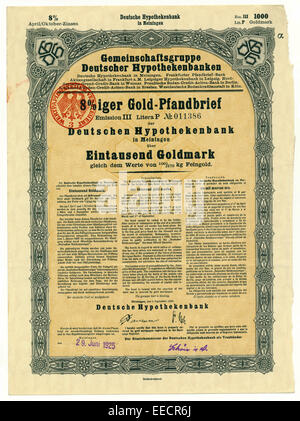 Quota storica certificato, 8% Goldpfandbrief bond certificato di Deutsche Hypothekenbank, 1000 oro marchi, 1925, Sassonia, germe Foto Stock