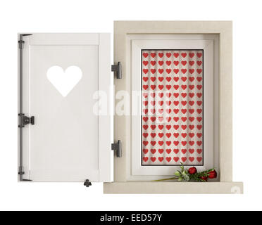 Finestra con battente aperto con cuore intagliato e bouquet di rose sul davanzale isolato su bianco-3D Rendering Foto Stock