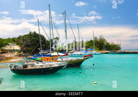 Seychelles barche a vela in porto sulla isola di La Digue. Foto Stock