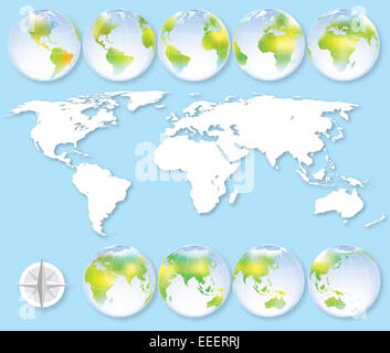 Set di nove globi con terra mappa che mostra tutti i continenti. Foto Stock