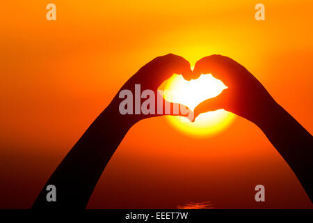 Rendendo le mani a forma di cuore nella parte anteriore del sun. Foto Stock