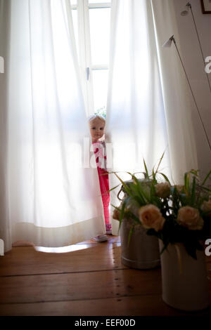 Ragazza giovane di giocare a nascondino dietro bianco opaco, tende di fronte ad una grande finestra in una casa. Foto Stock