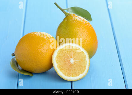 Limoni su un tavolo di legno dipinte di blu Foto Stock